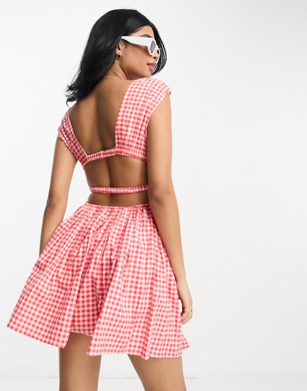 ASOS DESIGN cotton plunge button through mini sundress with elastic channel detail in red gingham-Multi