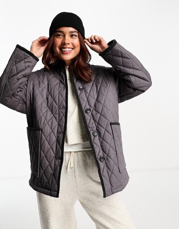 ASOS DESIGN cotton quilt jacket with cord collar in charcoal-Grey