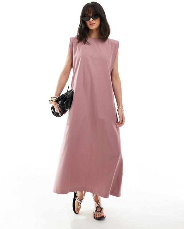 ASOS DESIGN cotton shapeless midi dress with shoulder pads in dusty raspberry-White