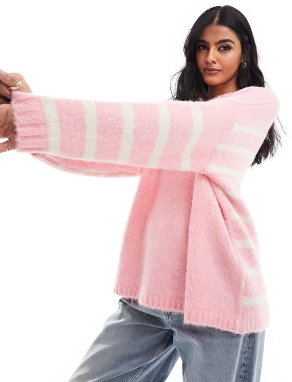 ASOS DESIGN crew neck jumper with stripe back detail in pink-Multi