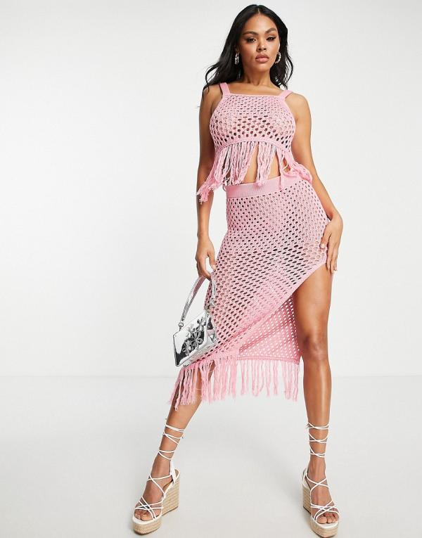 ASOS DESIGN crochet midi beach skirt with side split and fringe hem in pink (part of a set)