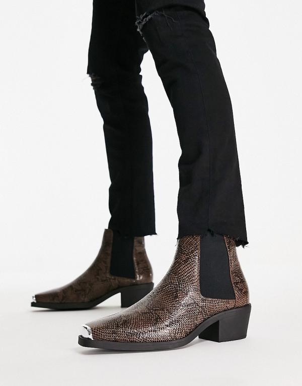 ASOS DESIGN Cuban boots in faux-snake print with toecap in brown