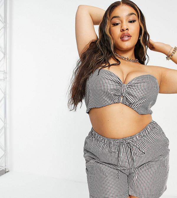 ASOS DESIGN Curve bandeau co-ord in brown gingham