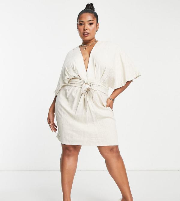 ASOS DESIGN Curve batwing tie front linen mini dress in natural-Neutral