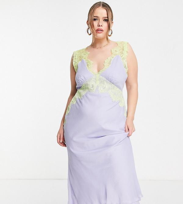 ASOS DESIGN Curve bias-cut chiffon midi dress with applique lace in lilac-Purple