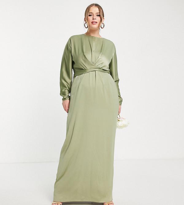 ASOS DESIGN Curve Bridesmaid satin maxi dress with batwing sleeve and wrap waist in sage-Green