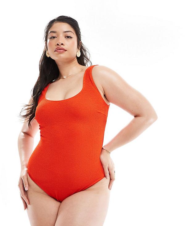 ASOS DESIGN Curve crinkle scoop low back swimsuit in tomato red