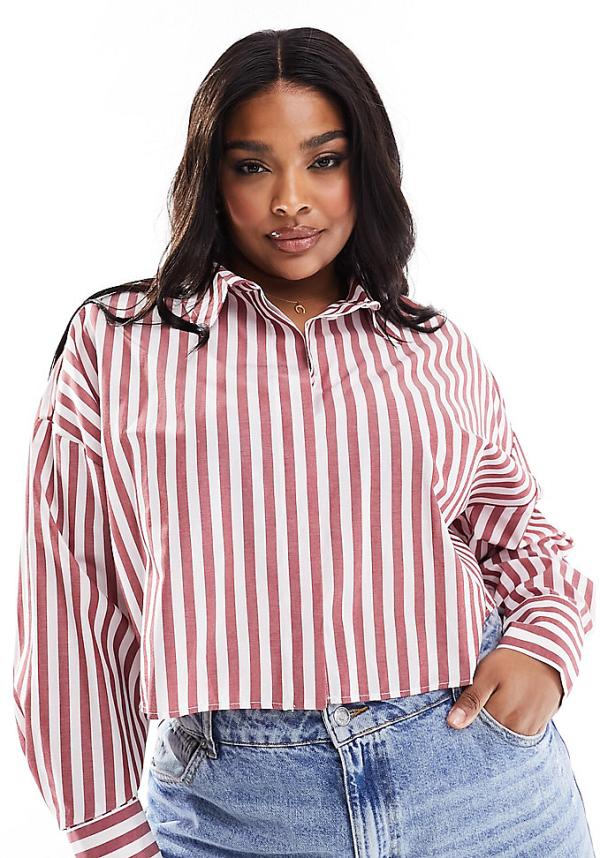 ASOS DESIGN Curve cropped shirt in burgundy stripe-Multi