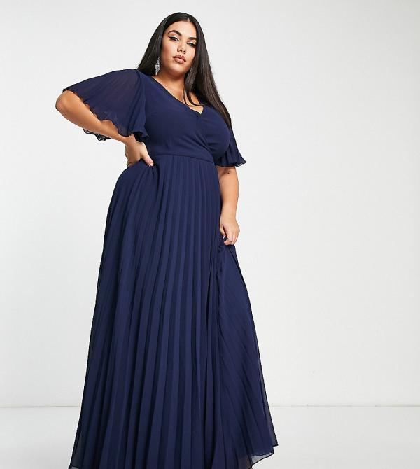 ASOS DESIGN Curve exclusive maxi dress with kimono sleeve and tie waist in pleat in navy