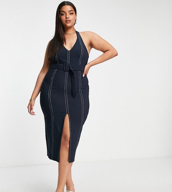 ASOS DESIGN Curve halterneck midi pencil dress with contrast stitching and belt in navy