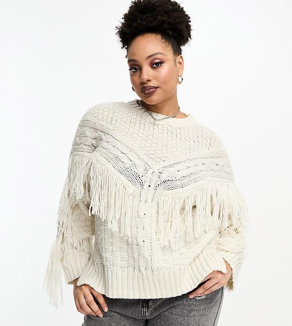 ASOS DESIGN Curve jumper in cable with fringe detail in cream-White