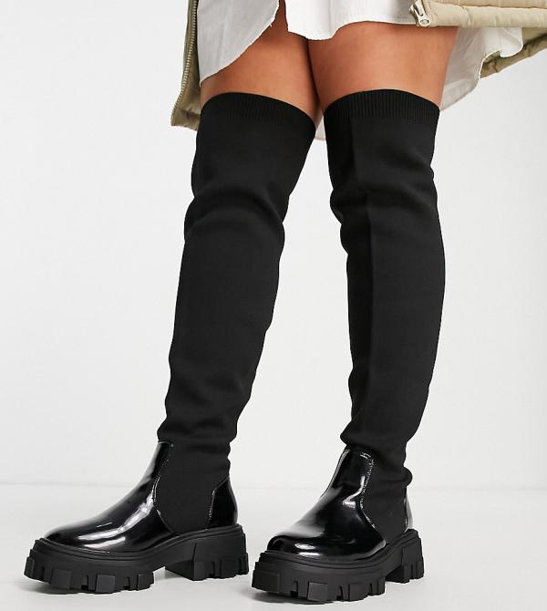 ASOS DESIGN Curve Kimmy flat chunky over the knee boots in black