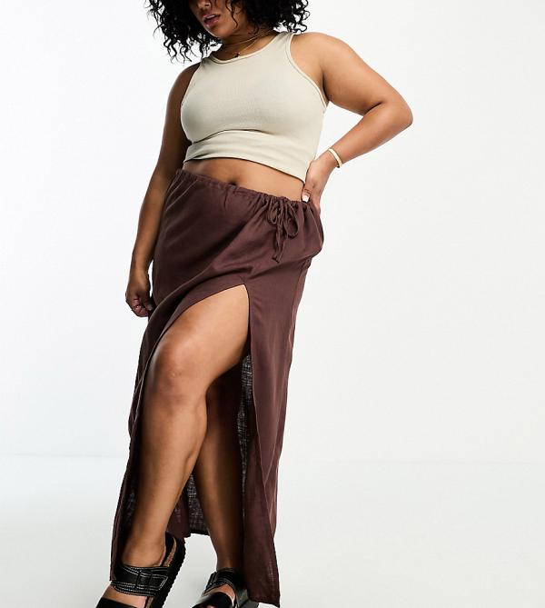 ASOS DESIGN Curve linen maxi skirt with high split in chocolate-Brown