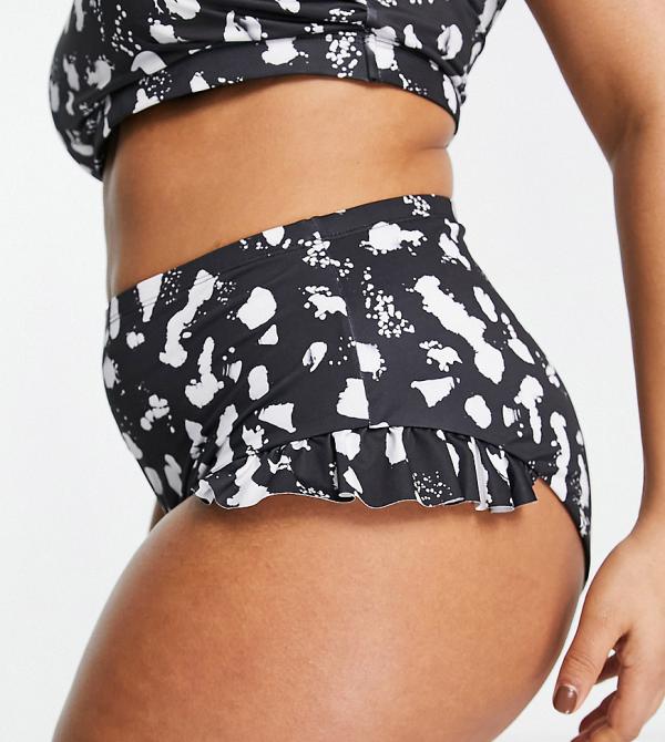 ASOS DESIGN Curve mix and match frill high waist bikini bottoms in mono spot print-Multi