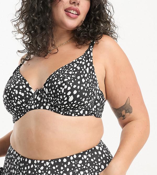 ASOS DESIGN Curve mix and match step front underwired bikini top in mono spot print-Multi