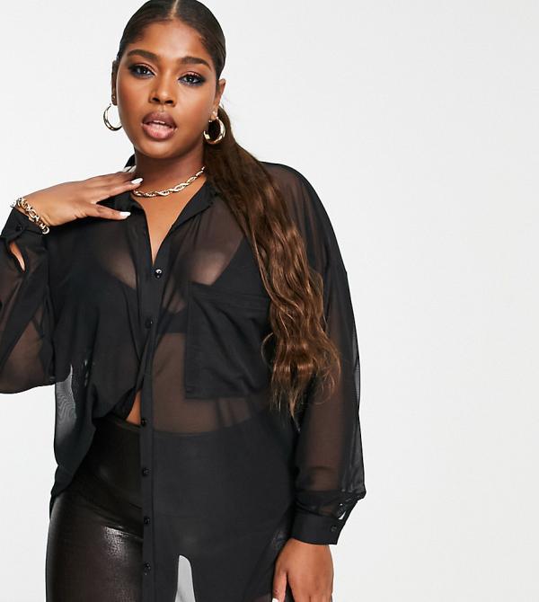 ASOS DESIGN Curve oversized mesh shirt in black - BLACK