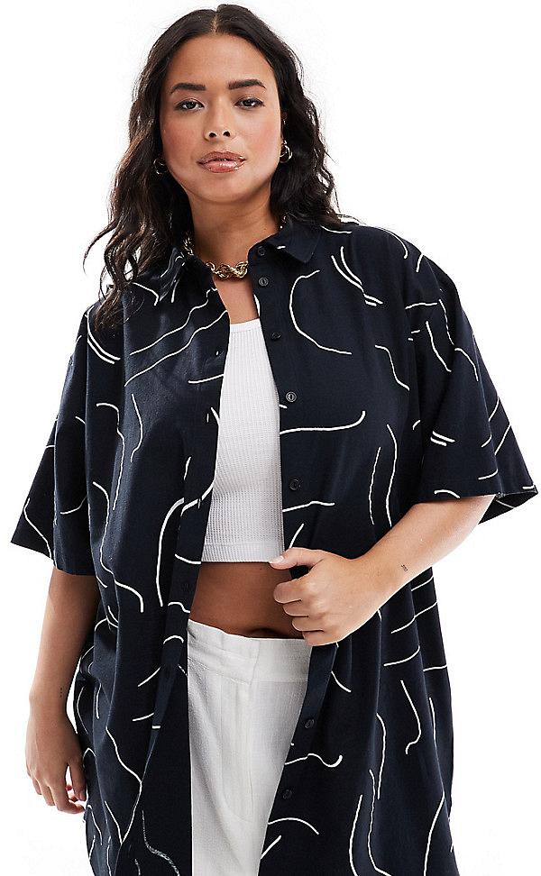ASOS DESIGN Curve oversized shirt with linen in mono print (part of a set)-Multi