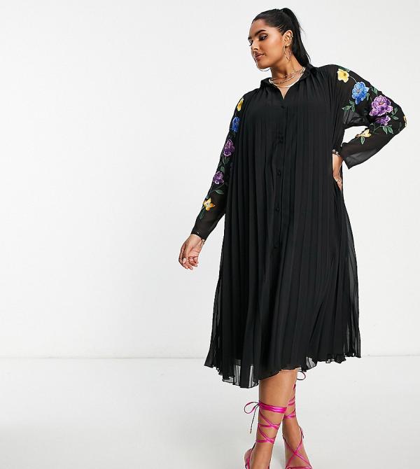 ASOS DESIGN Curve pleated midi shirt dress with embroidered sleeves in black