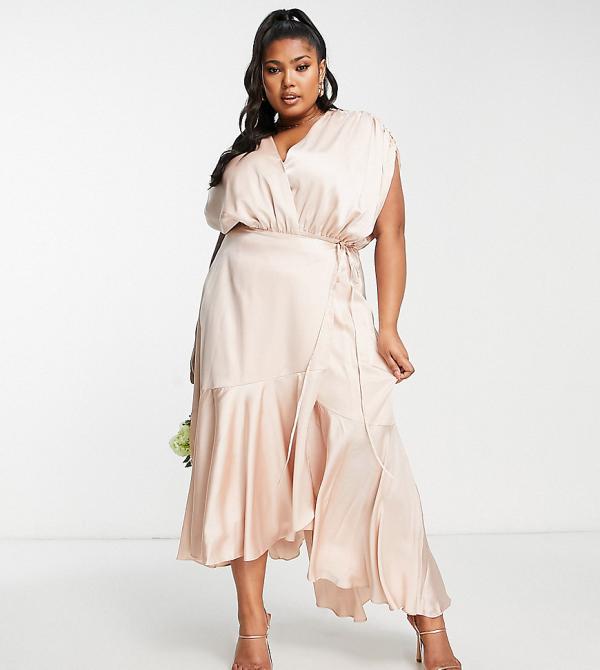 ASOS DESIGN Curve satin wrap midi dress with ruched detail in blush-Pink