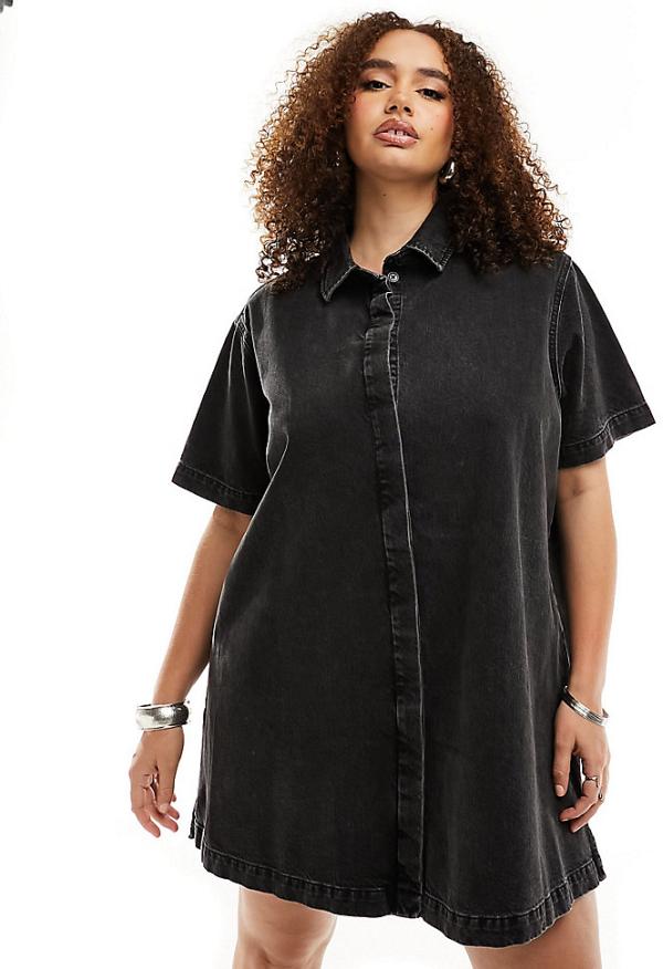 ASOS DESIGN Curve short sleeve denim shirt dress in wash black