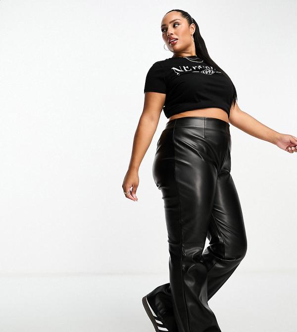 ASOS DESIGN Curve stretch faux leather flare pants in black