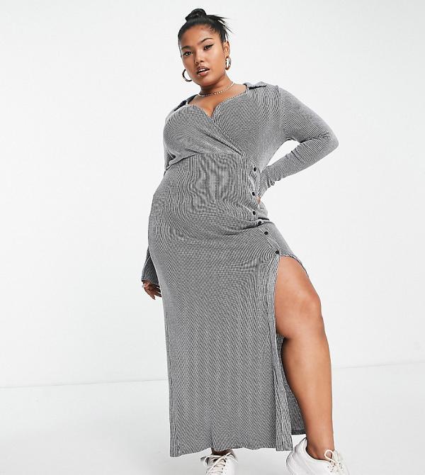 ASOS DESIGN Curve supersoft ribbed long sleeve maxi dress with collar in grey spacedye