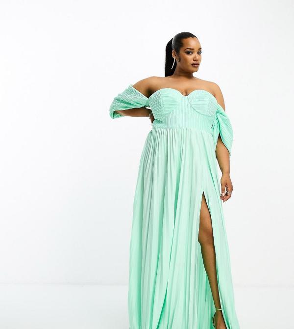 ASOS DESIGN Curve sweetheart neck off shoulder pleated maxi dress in sage green-Multi