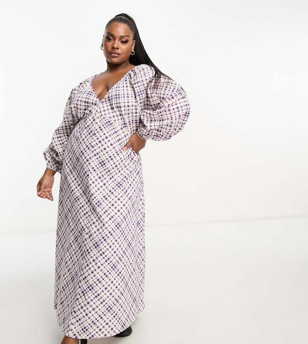 ASOS DESIGN Curve textured v neck batwing midi dress in purple check-Multi