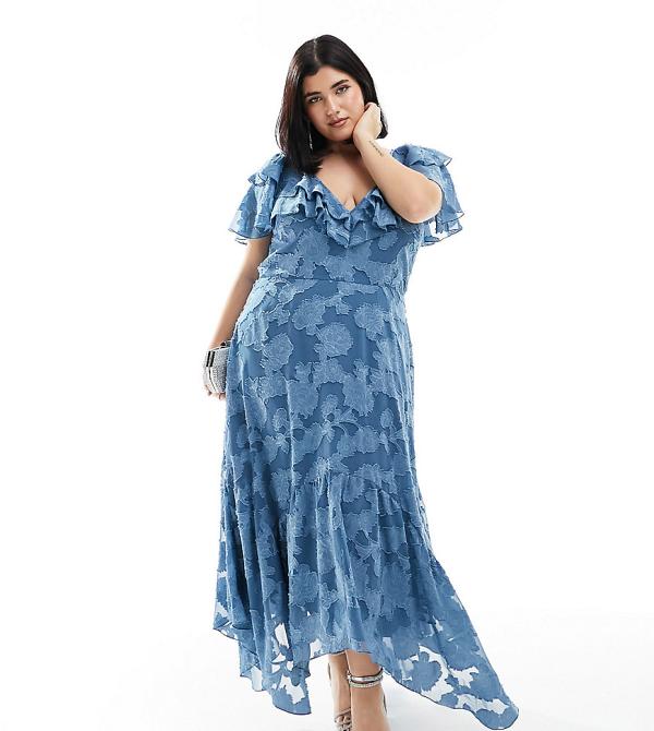 ASOS DESIGN Curve v front v back ruffle midi dress with flutter sleeve and tie back in textured jacquard in blue