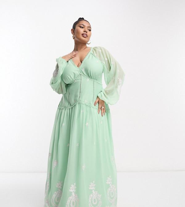 ASOS DESIGN Curve v neck open back embroidered maxi dress with trim detail in green