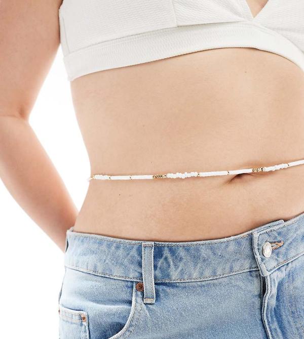 ASOS DESIGN Curve waist beads with faux pearl disk and gold bead design-White