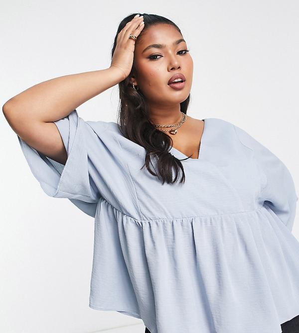 ASOS DESIGN Curve wrap top with angel sleeve & peplum hem in light blue