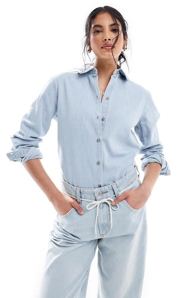 ASOS DESIGN denim easy shirt in bleach wash-Blue