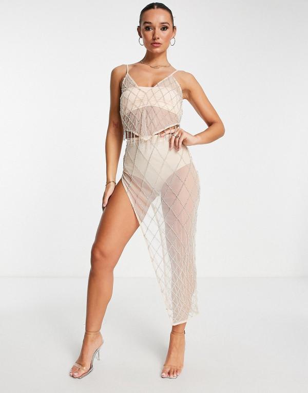 ASOS DESIGN diamante embellished mesh midi skirt with split in beige (part of a set)-Neutral