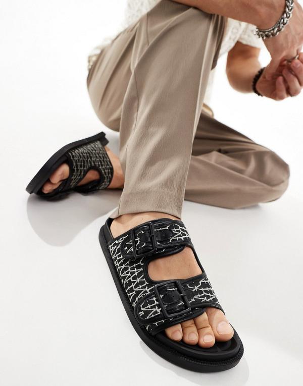 ASOS DESIGN double buckle sandals in black woven monogram canvas-Multi