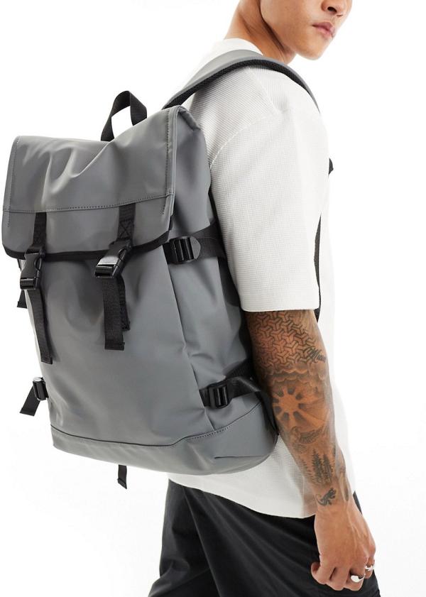 ASOS DESIGN double strap rubberised backpack in grey and black