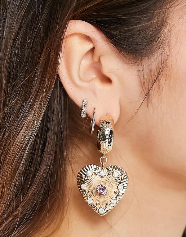 ASOS DESIGN drop earrings with heart and pink crystal design in gold tone