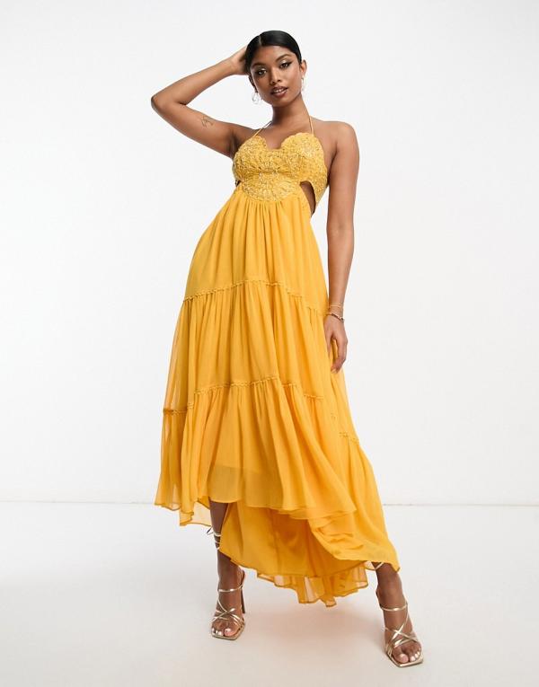 ASOS DESIGN embellished bodice tiered maxi dress with hi low hem and open back in mustard-Yellow