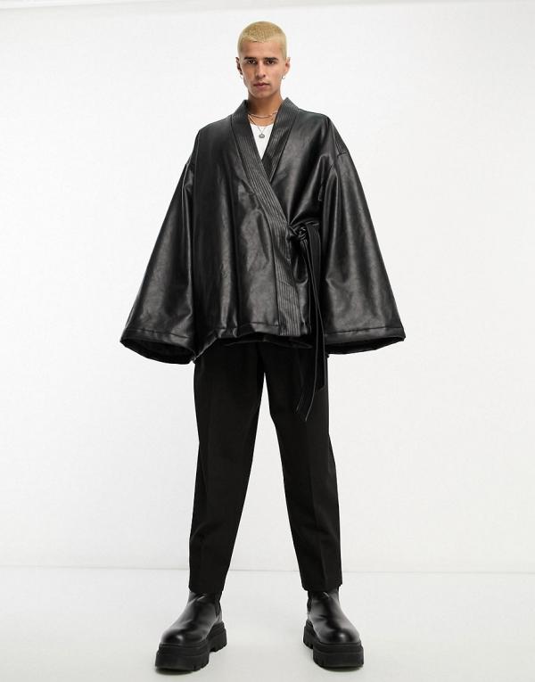 ASOS DESIGN extreme oversized leather look wrap jacket in black