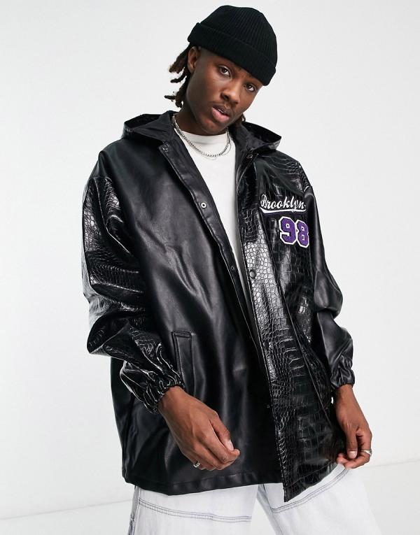 ASOS DESIGN extreme oversized splice varsity coach jacket in black faux leather