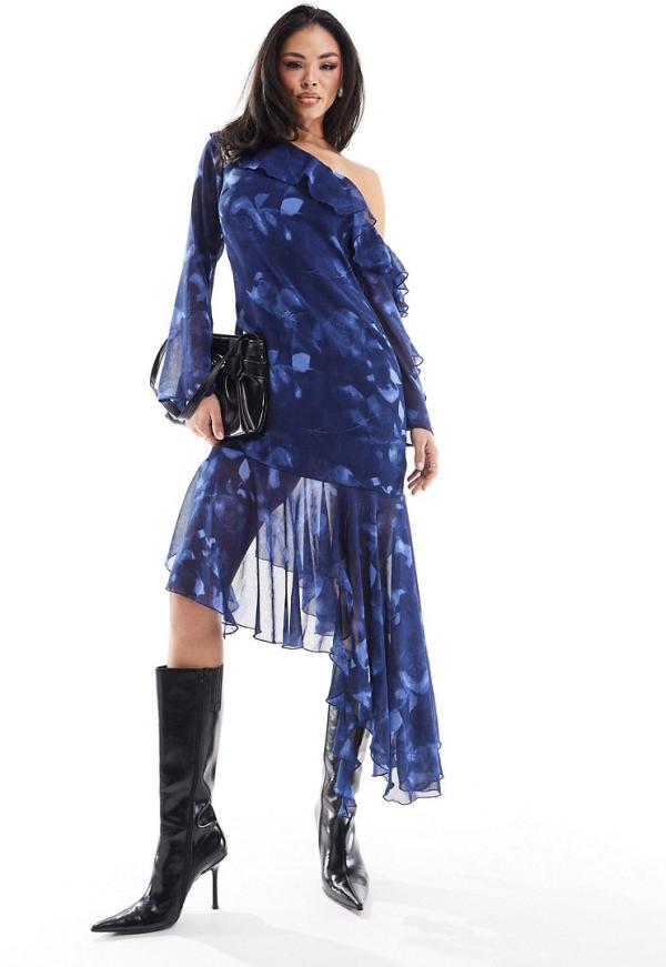 ASOS DESIGN fallen shoulder chiffon midi dress with asymmetric hem and tendril detail in blurred floral print-Multi