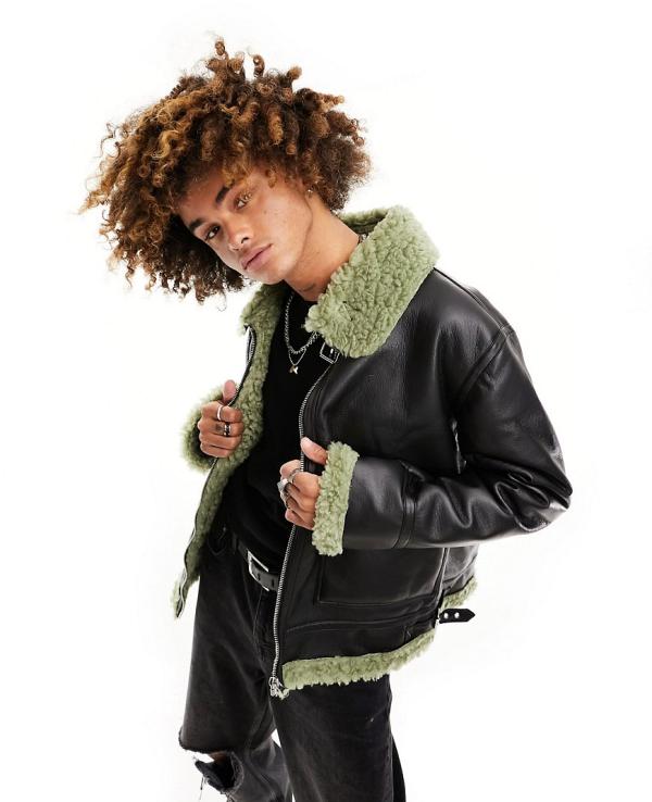 ASOS DESIGN faux leather aviator jacket with green contrast shearling collar-Black