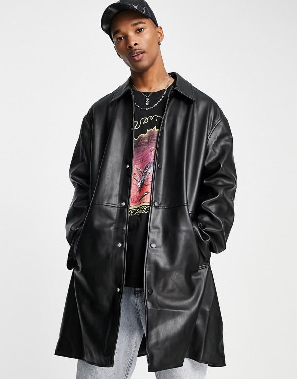 ASOS DESIGN faux-leather longline trench coat in black