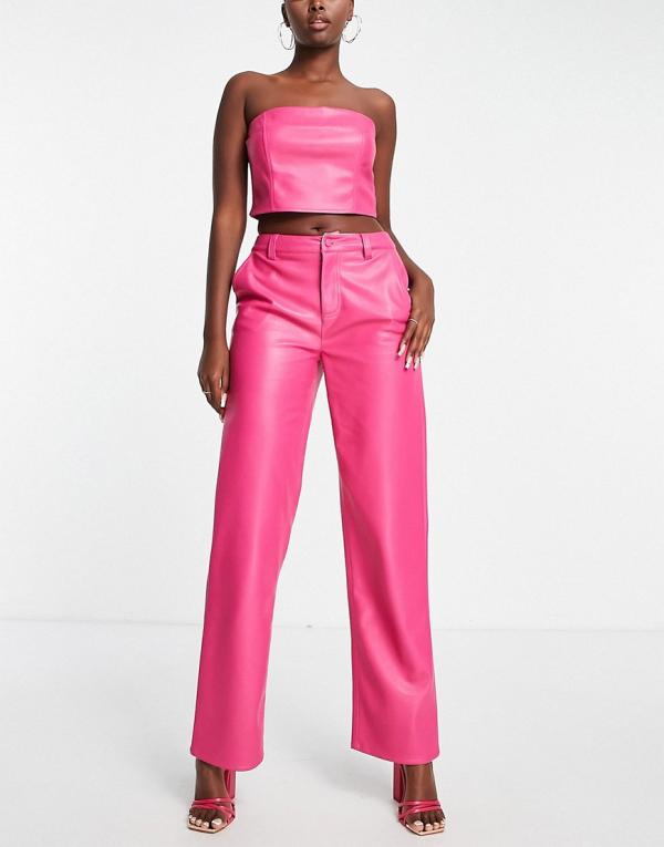 ASOS DESIGN faux leather straight leg pants in pink (part of a set)
