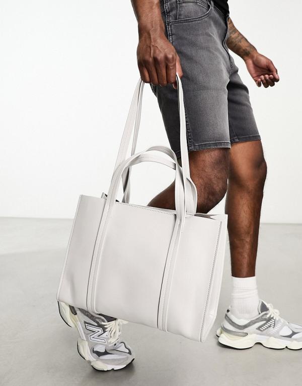 ASOS DESIGN faux leather tote bag with detachable crossbody strap in light grey