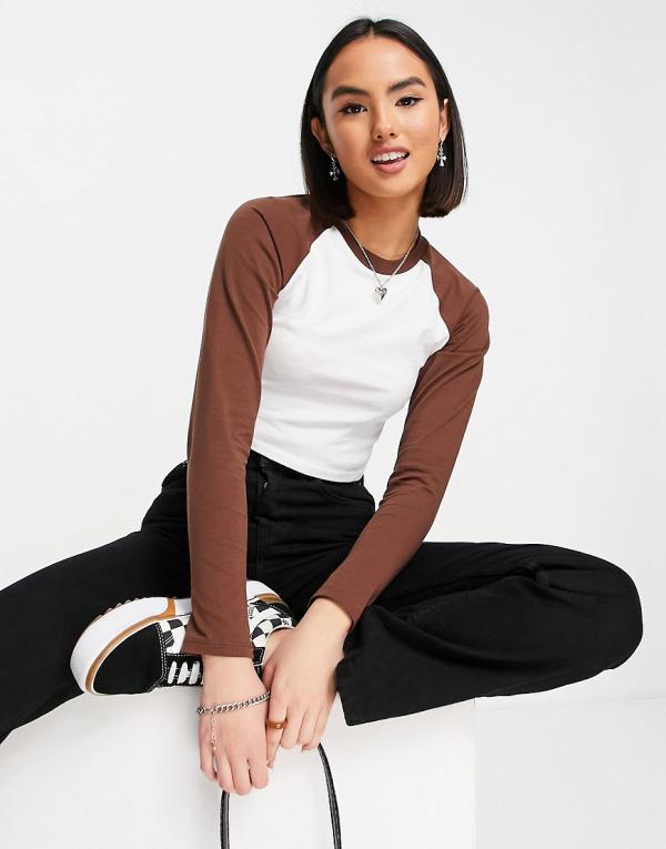 ASOS DESIGN fitted long-sleeved top with contrast raglan in white with brown