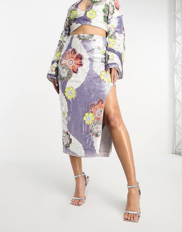 ASOS DESIGN floral embellished and sequin midi skirt with split in lilac (part of a set)-Purple