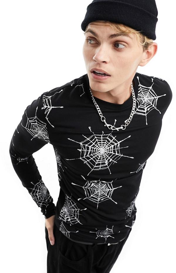 ASOS DESIGN Halloween muscle long sleeve t-shirt in black with glitter spider web print