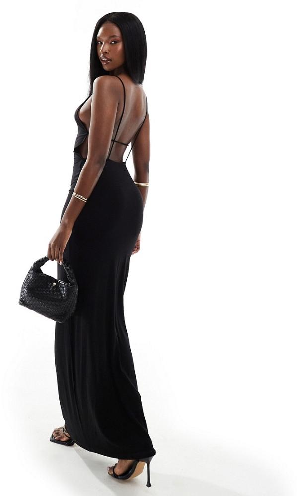 ASOS DESIGN halter maxi dress with plunge back and strapping detail in black