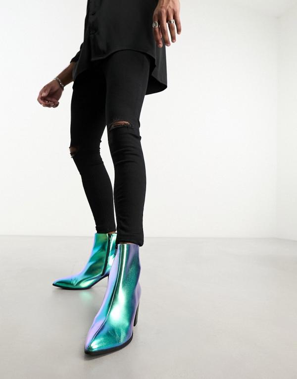 ASOS DESIGN heeled chelsea boots in blue mirror faux leather-Multi